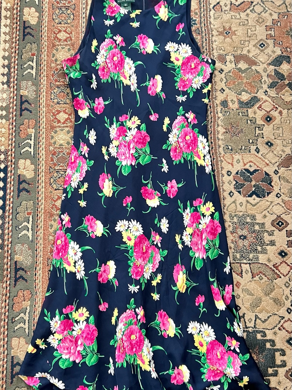 Lauren Ralph Lauren Navy Sleeveless Silk Dress with Floral Print